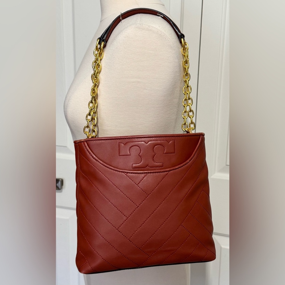 RARE Tory Burch Small Alexa Convertible Tote Bag Quilted Lambskin Rust Gold EUC